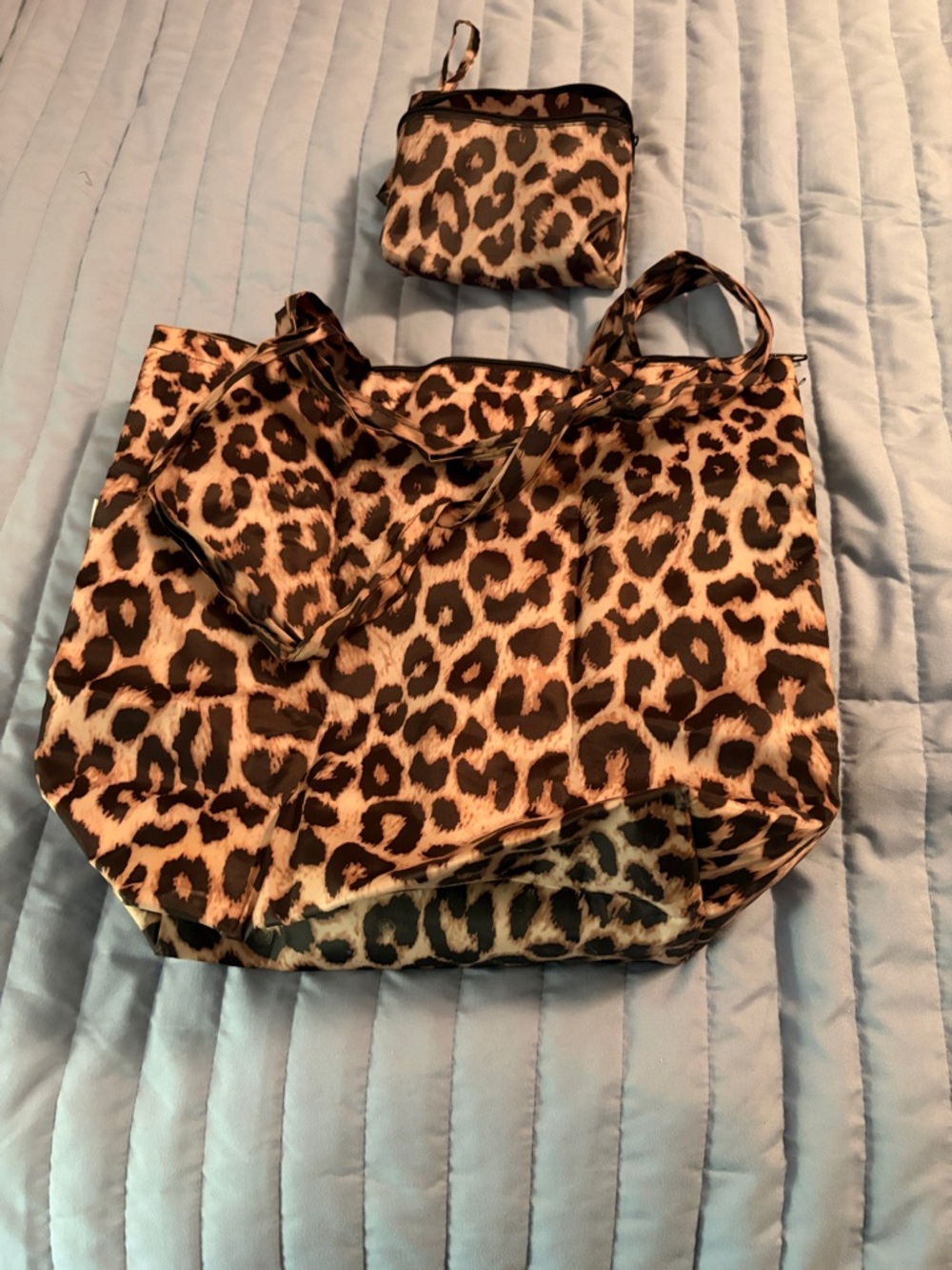 SACHI Leopard Print Tote and Pouch - Brown and Black